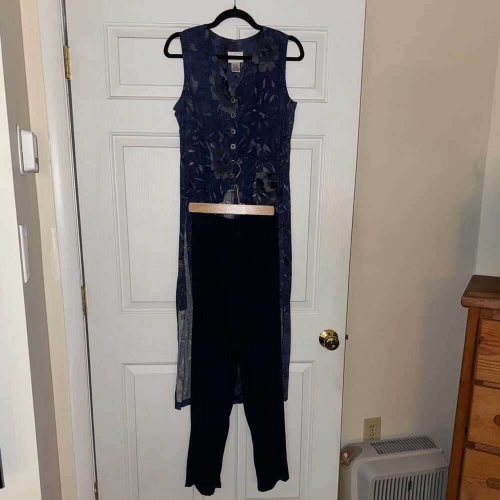 Fashion Bug Vintage Y2K 2 Piece Navy Floral Duster Vest Pants Set Size 6